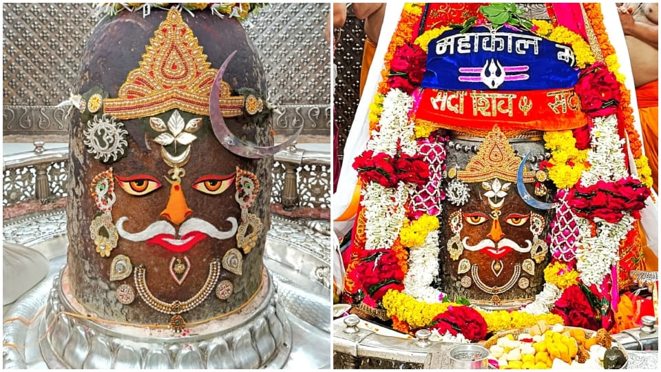 Baba Mahakal dressed in a royal form in Bhasmarti wearing a crown and jewelery on his head