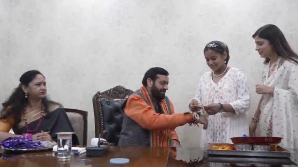 Haryana CM Nayab Saini celebrates Raksha Bandhan at his official residence Sant Kabir Kutir in Chandigarh