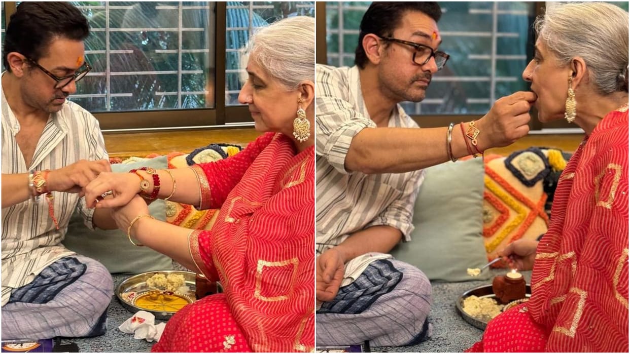 Aamir Khan And sister Nikhat tie Rakhi to each other actor feeds her sweets see cute photos of Raksha Bandhan