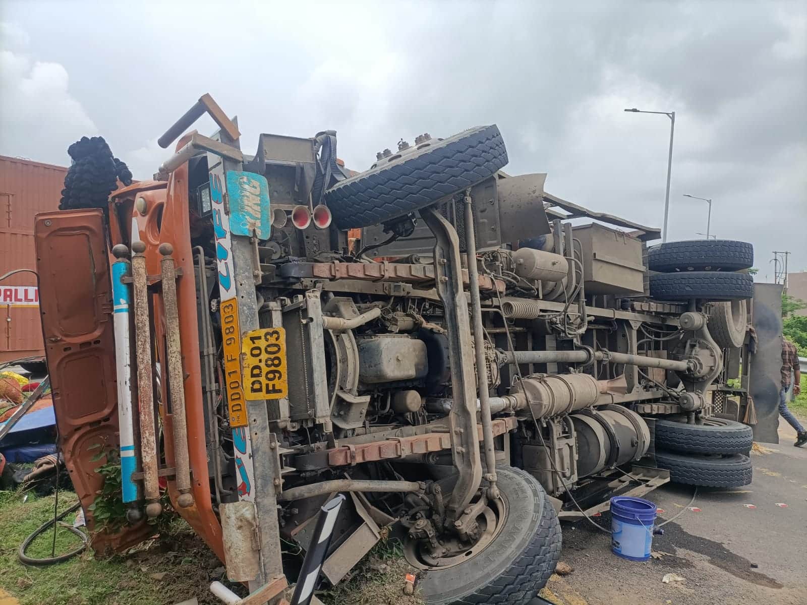 Shajapur: Green chilli scattered on the road due to truck overturning on the National Highway