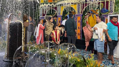 Shri Baba Batuk Bhairav mandir decorated with flowers on greenery and water sports