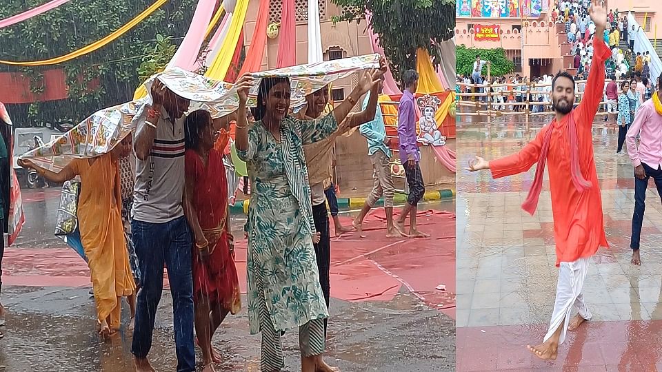 Indra dev kind in Mathura on birth of Kanha devotees dancing in rain weather pleasant