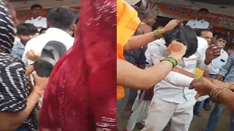 miscreants misbehaved with handicapped girl In Etah people caught young man and beat him with slippers
