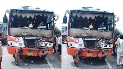 Accident on Jhansi-Lalitpur Highway Bus loaded with passengers hits a standing container