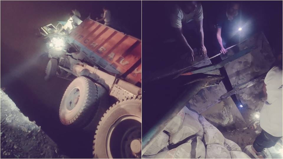 Truck filled with cement went out of control and fell down from the bridge, driver died
