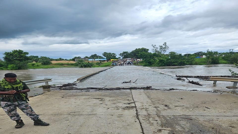 Rivers and streams overflow due to rain water overflows on National Highway 30 in Sukma
