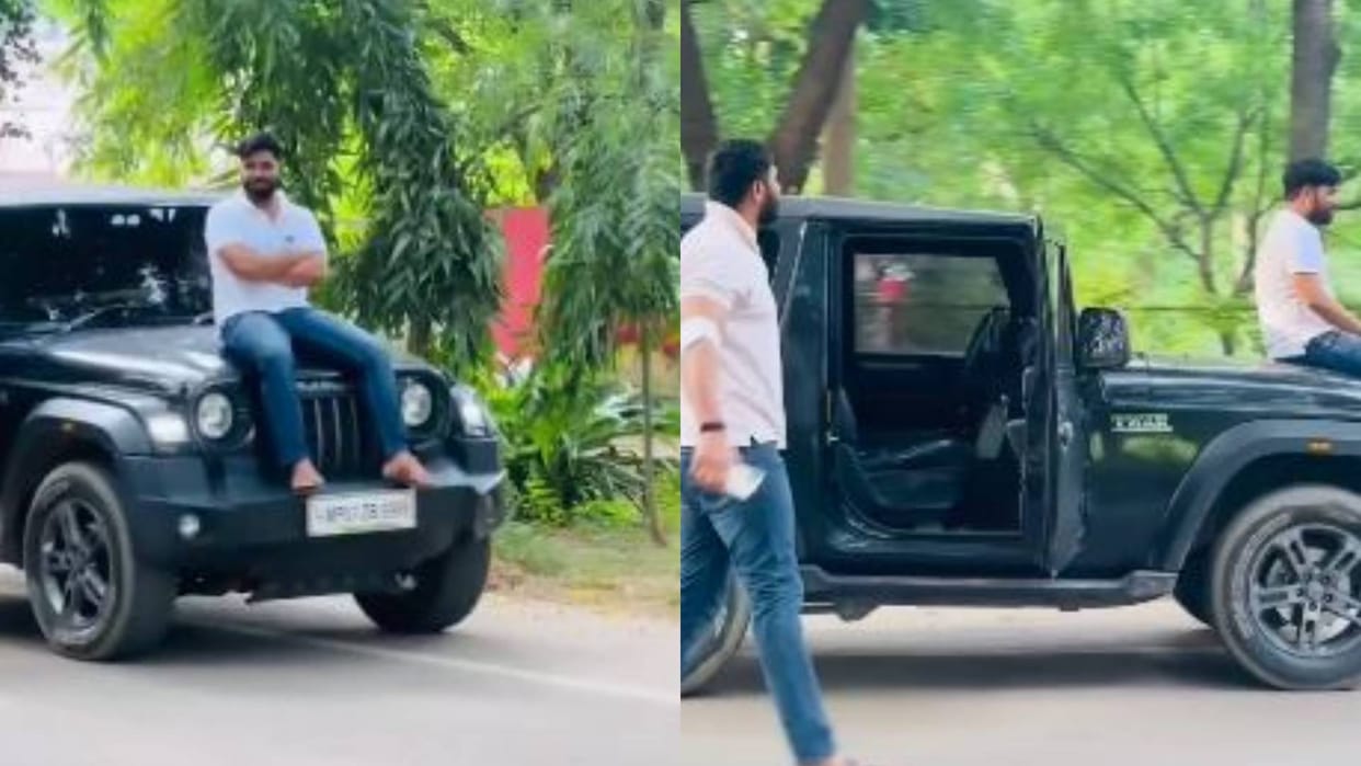 Gwalior Thar Reel Dangerous stunt in Jiwaji University young man sat on bonnet another came out of moving jeep