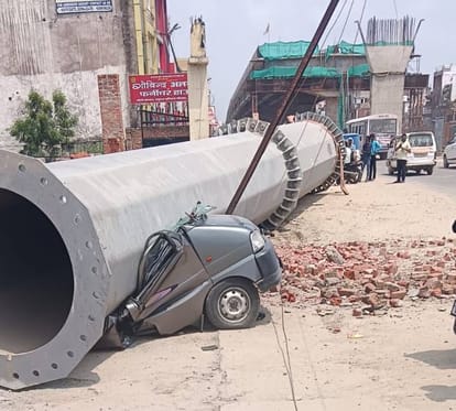 Lucknow: Major accident on Kanpur Highway, heavy electric pole fell on the car, teacher narrowly escaped