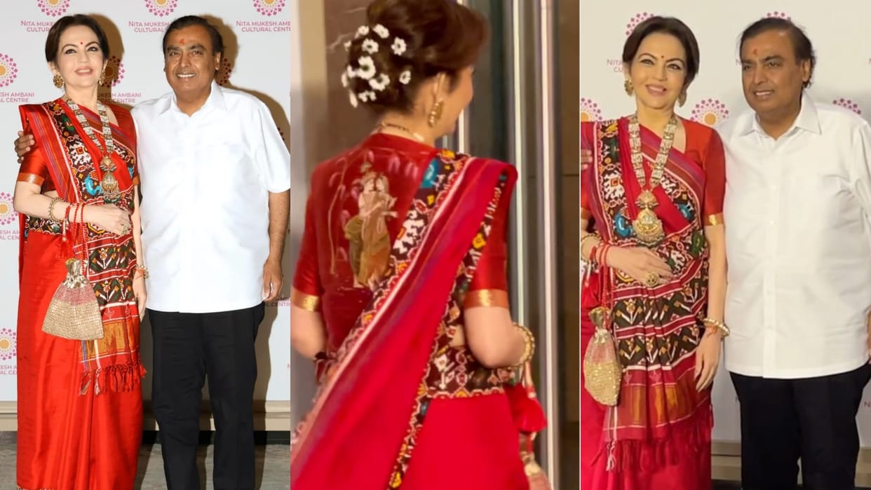 Nmacc founder and chairperson nita ambani wear Patola Saree with radha krishna hand painted blouse