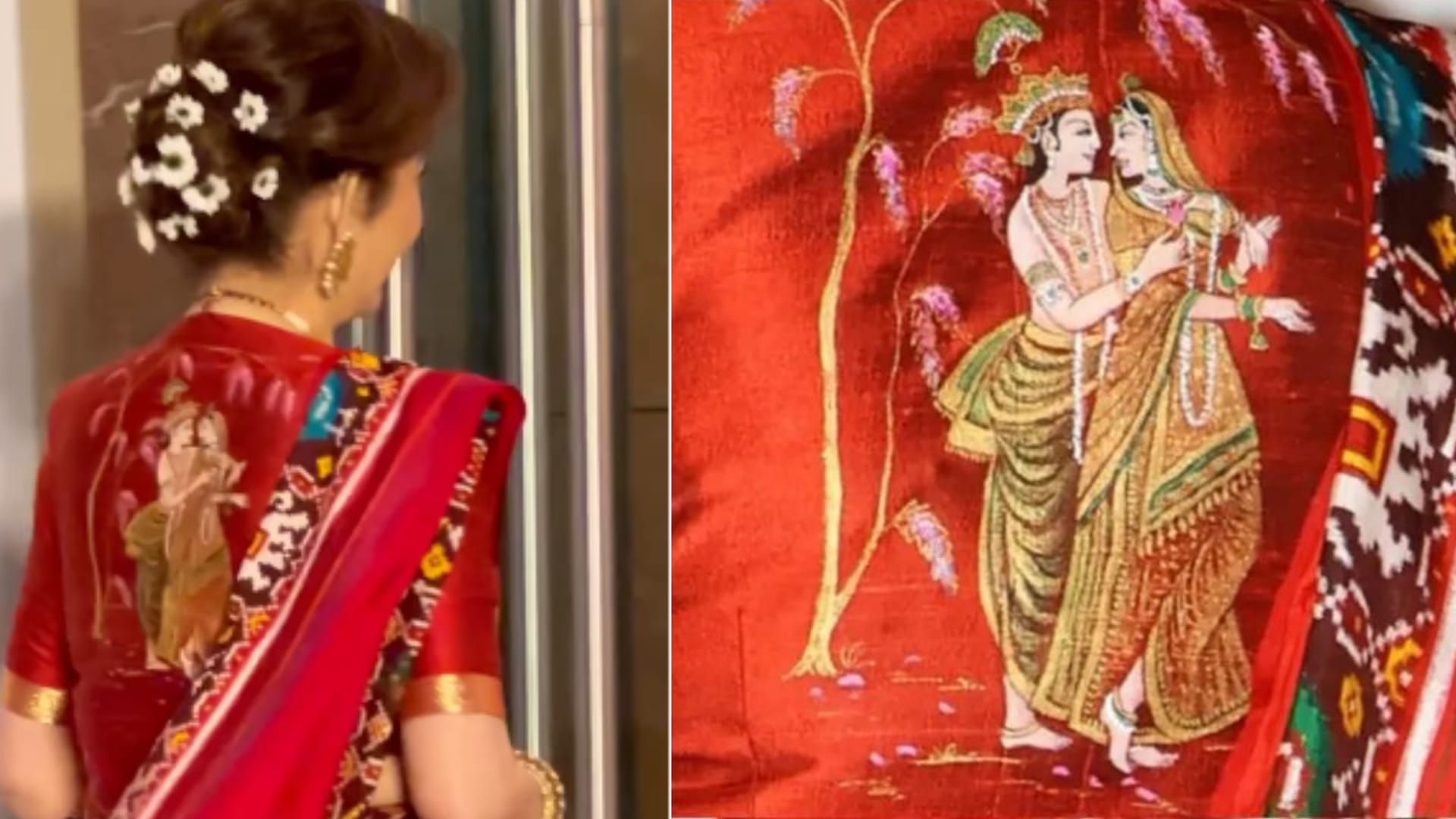 Nmacc founder and chairperson nita ambani wear Patola Saree with radha krishna hand painted blouse