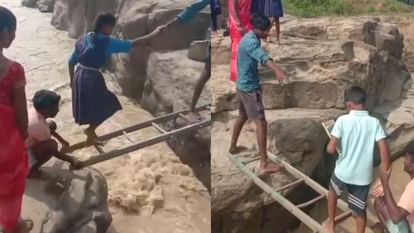 If bridge is not built in Korba then students cross the drain by using ladders