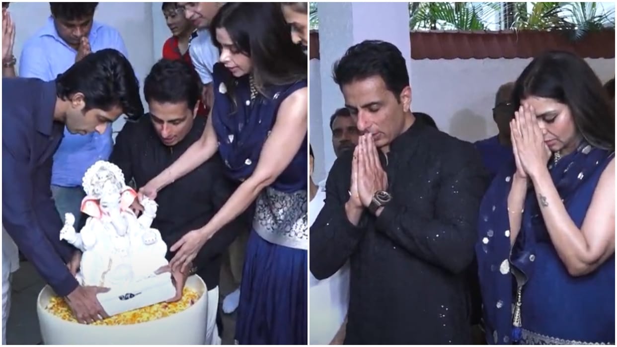 Fateh Movie Actor sonu sood ganpati bappa aarti and visarjan with family at his residence