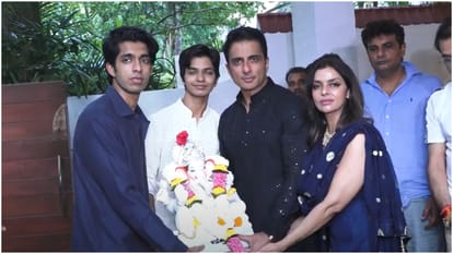 Fateh Movie Actor sonu sood ganpati bappa aarti and visarjan with family at his residence