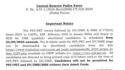 SSC GD Admit Card 2024 out for PET and PST, download link here rect.crpf.gov.in