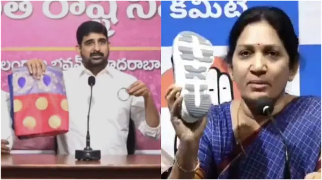Women Congress leaders show footwear to Kaushik Reddy Saree Jab at Defector MLAs