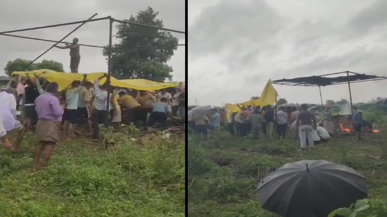 Bharatpur: Due to lack of tin shed, last rites were performed by covering tarpaulin amidst rain