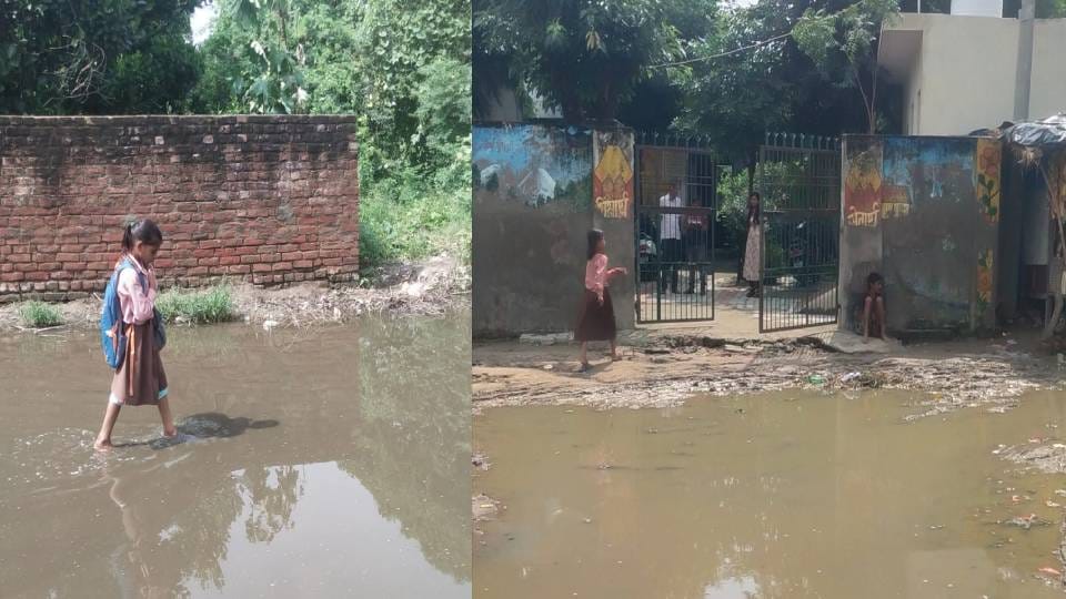 schools opened after rain then children reached there by wading in dirty water in Etah