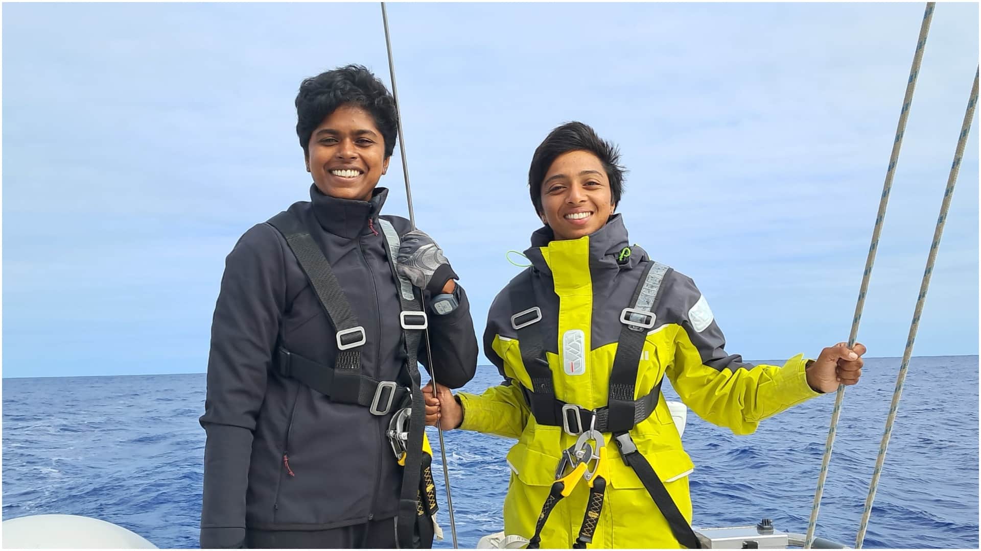 Indian Navy INSV Tarini Point Nemo Indian flag and Indian Navy voyage Lt Cdr Dilna K and Lt Cdr Roopa story