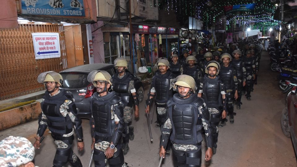 Police marched on foot on Sunday night before Teej festival in Jagdalpur