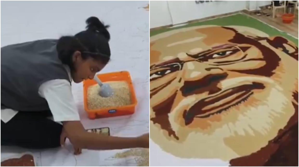 PM Modi's portrait made of 800 kg millets by 13-year-old school girl enters record book news in hindi