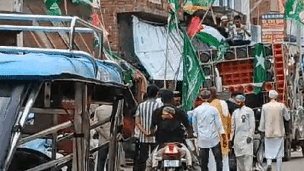 People carrying Palestine flag in Prayagraj Barawafat procession