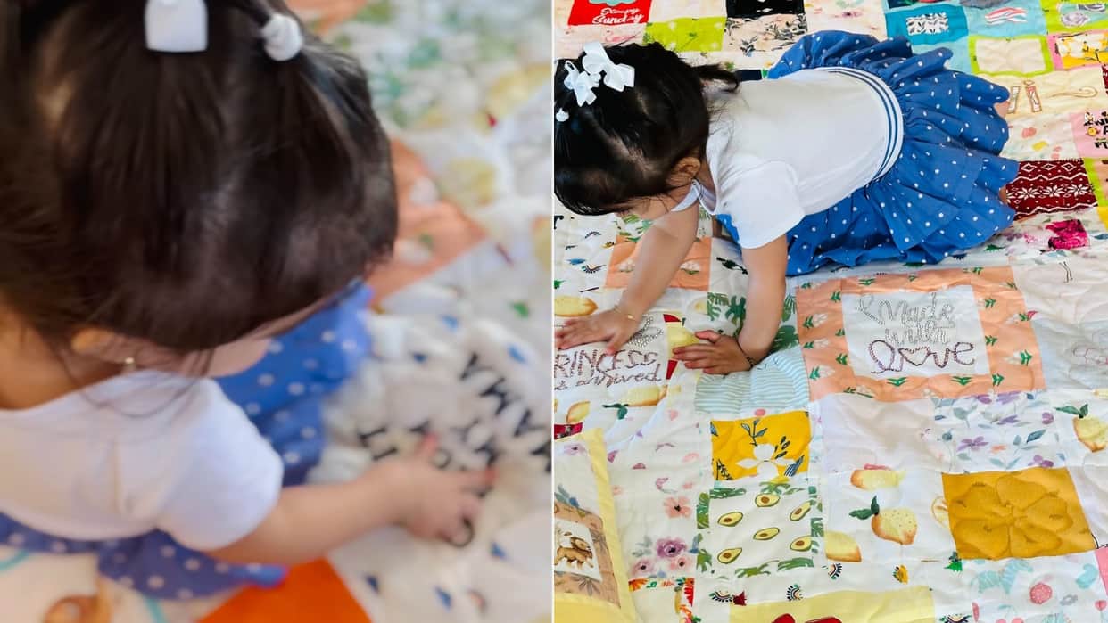 Bipasha Basu social media post featuring quilts crafted Quilt from her daughter Devi year one clothes