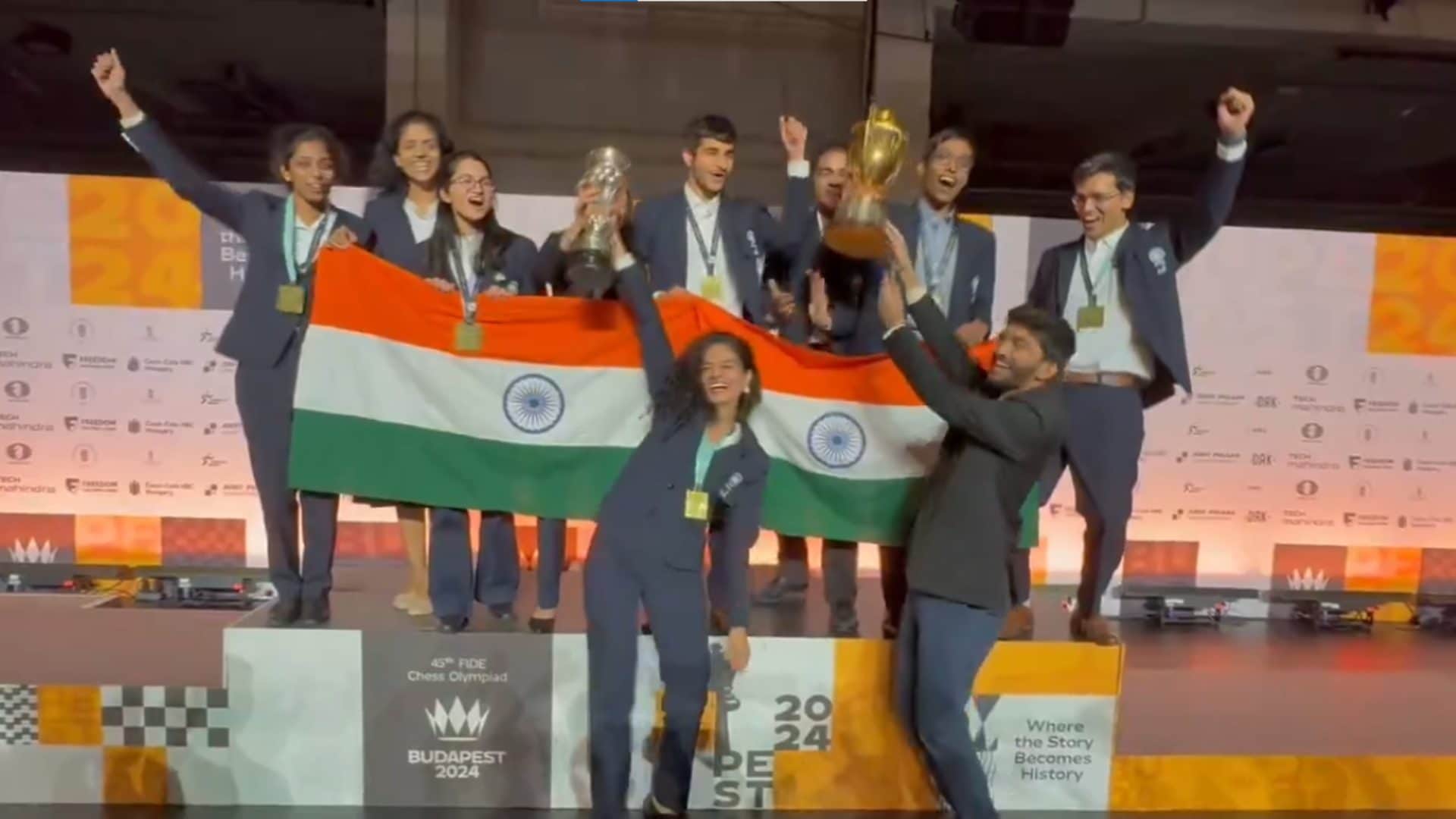Chess Olympiad 2024 Winner Men and Women Trophy Celebration Viral Video Rohit Sharma T20 World Cup Style