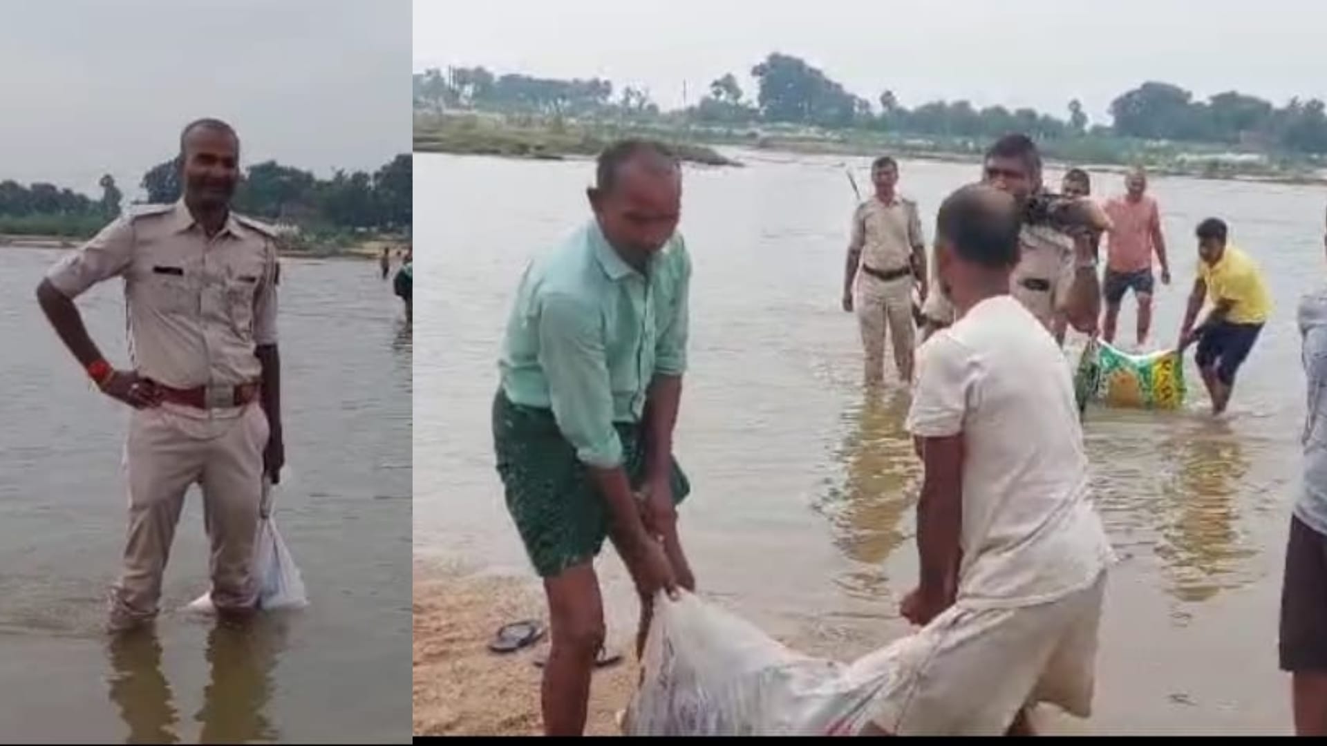 नदी के अंदर से शराब की खेप निकालती पुलिस।