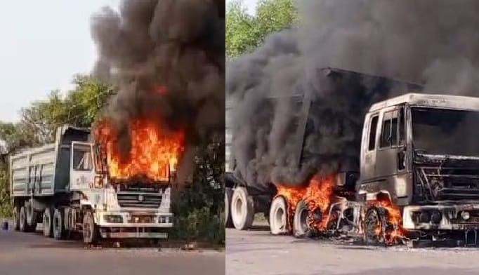 Dumper turned into a ball of fire, accident happened due to sparking, driver saved his life by jumping