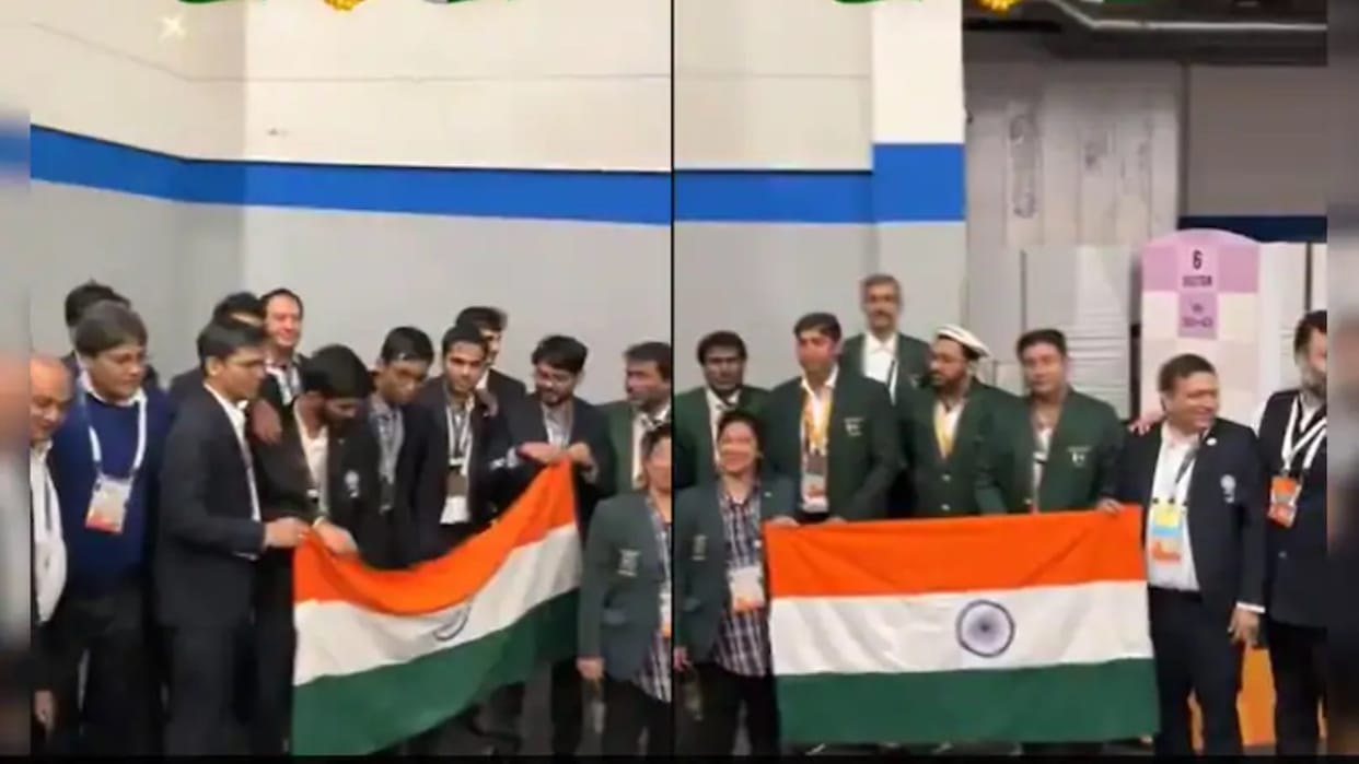 Pakistan Team celebrates and holds India Flag At Chess Olympiad 2024 with Champion Team India