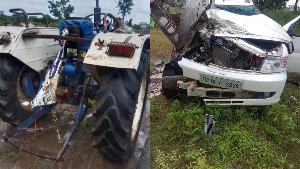 Chhatarpur Car collided with trolley of tractor parked on roadside three people died