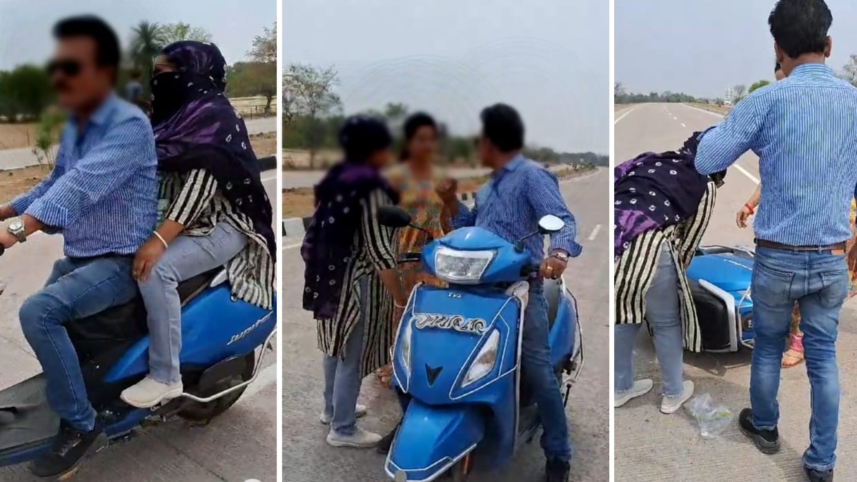 Husband-wife and her: Husband was taking another woman on a scooter, wife caught him on the highway