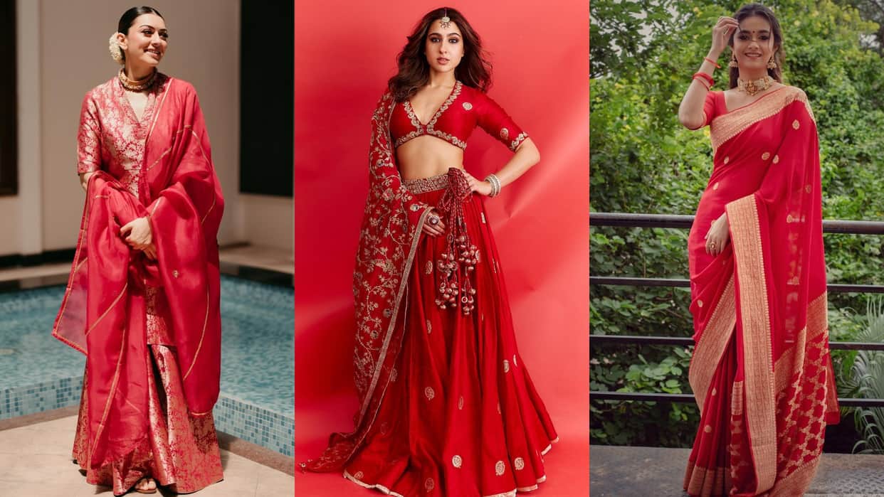 Karwa Chauth 2024 trendy red saree suit and lehenga collection 2024