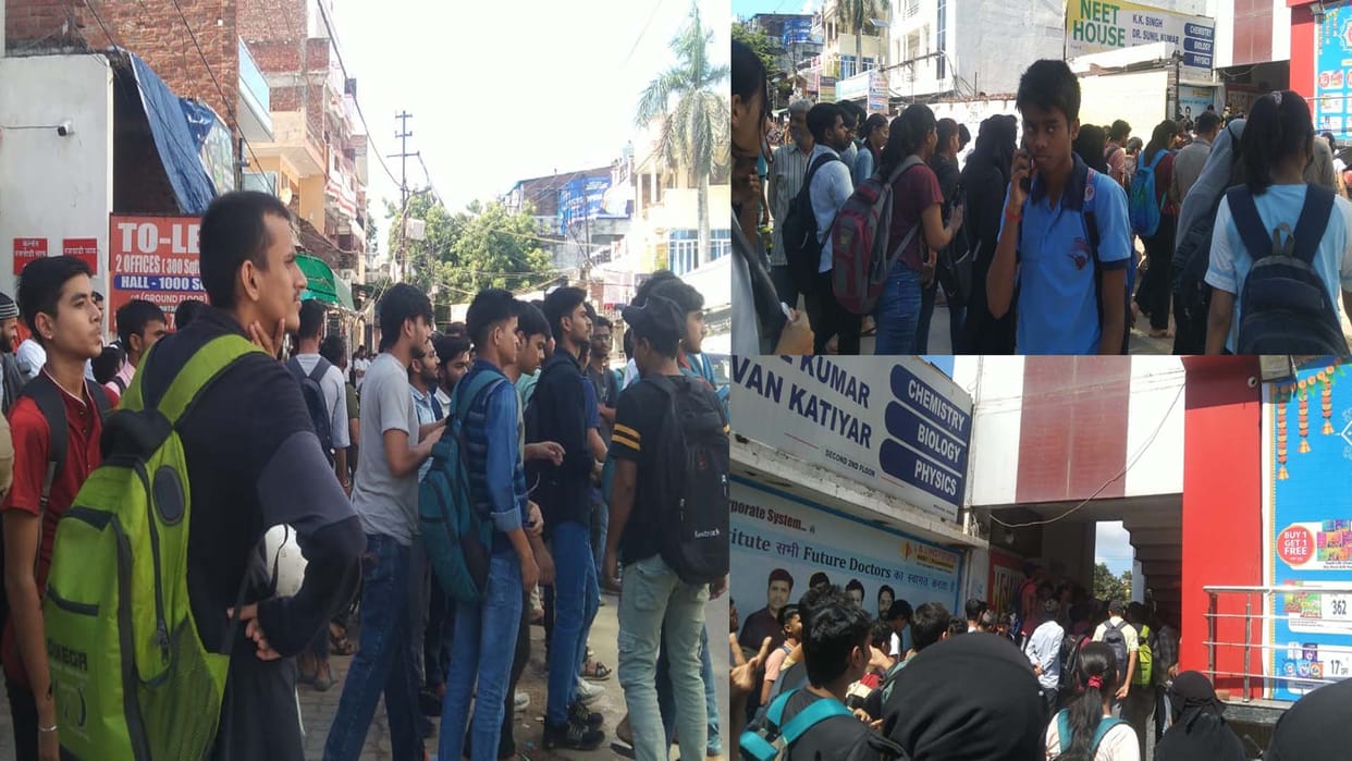 Kanpur: Students protested outside Kakadev coaching centre against the removal of teacher