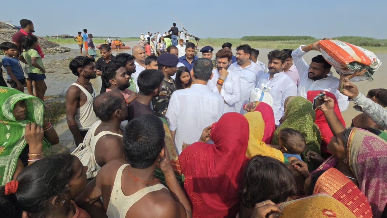 Bihar flood: Flood victims rushed for ration in front of Union Minister Chirag Paswan in Saharsa
