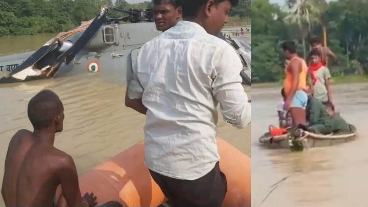 Bihar news : helicopter fell into Bihar flood Muzaffarpur chopper fell into Bihar flood water news Bihar