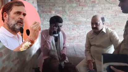 कांग्रेस नेता राहुल गांधी ने शिक्षक के पिता से बात की साथ में सांसद किशोरी लाल शर्मा।