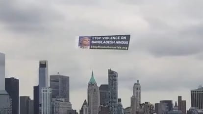 USA airline banner stop violence on bangladesh hindus seen over new york sky