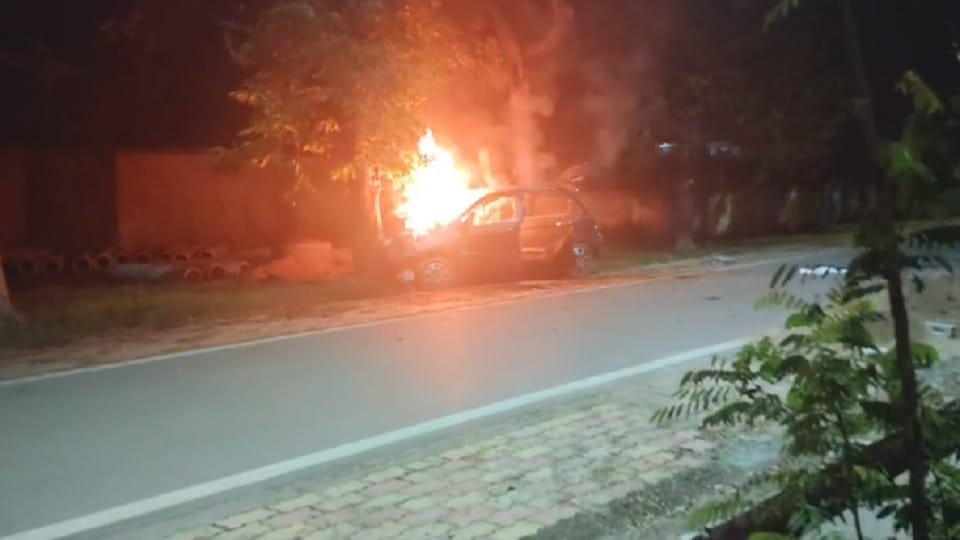 A car caught fire after an accident in Korba