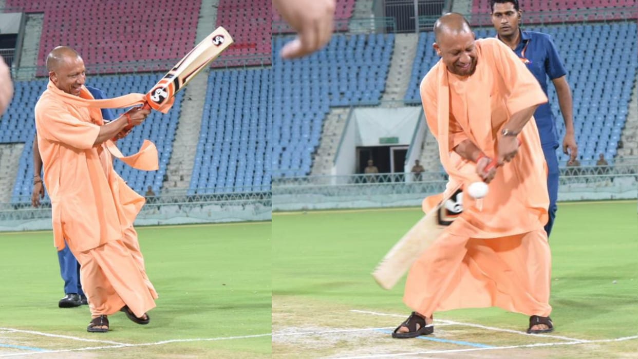 CM Yogi Adityanath plays cricket in Ekana stadium.