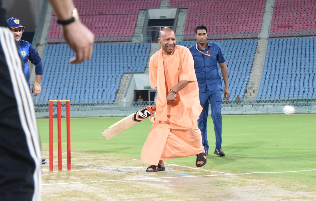 CM Yogi Adityanath plays cricket in Ekana stadium.