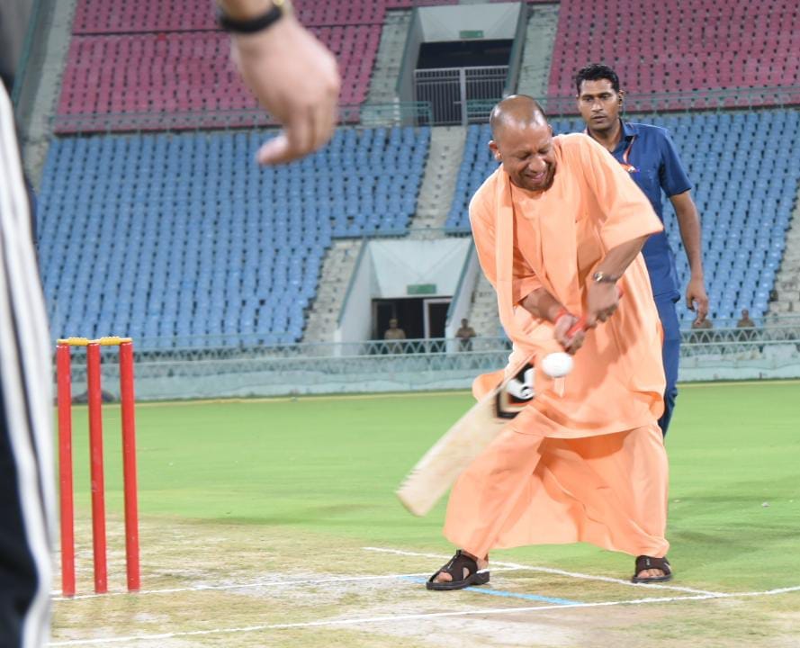 CM Yogi Adityanath plays cricket in Ekana stadium.