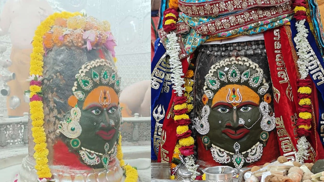 Baba Mahakal dressed as goddess during Bhasma Aarti