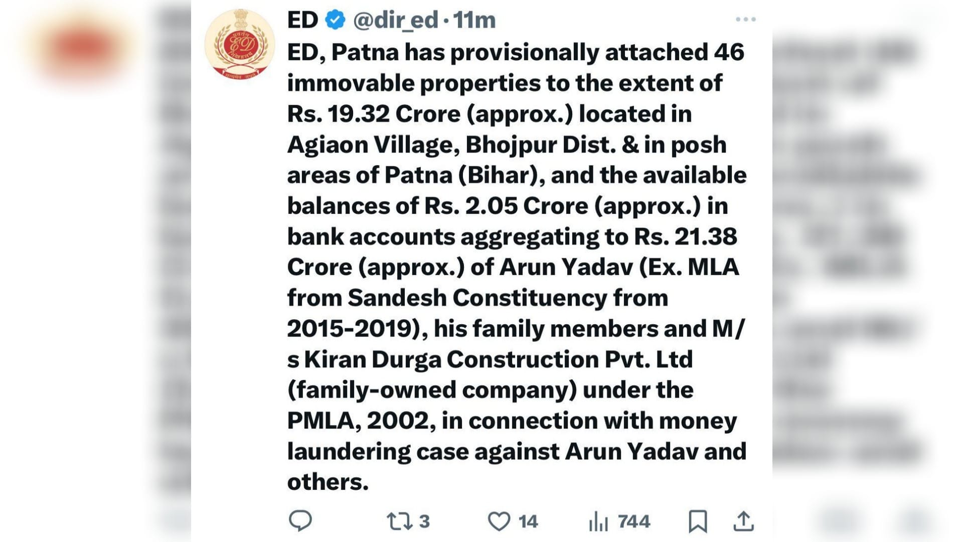 Bihar: ED takes action against former MLA Arun Yadav close to Lalu Yadav, property worth Rs 19.32 crore seized