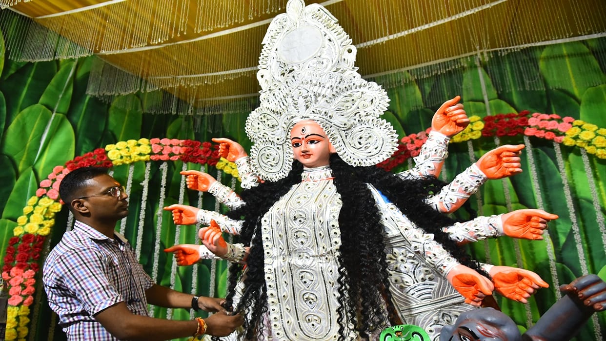 Pandals decorated for the worship of Shakti, the Queen will sit today