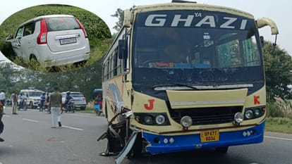 Balrampur: father and son died when a bus hits a car.