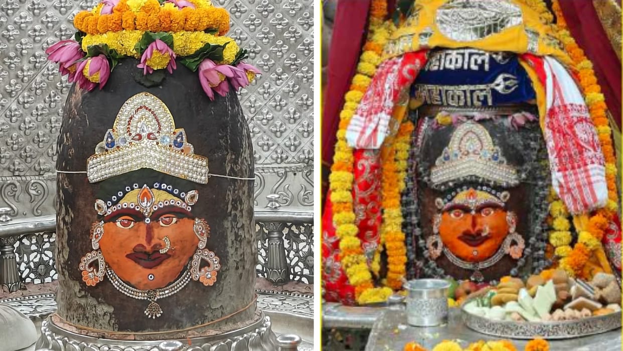 Baba Mahakal dressed as a goddess, wearing a rosary of Rudraksh and also offering lotus flowers