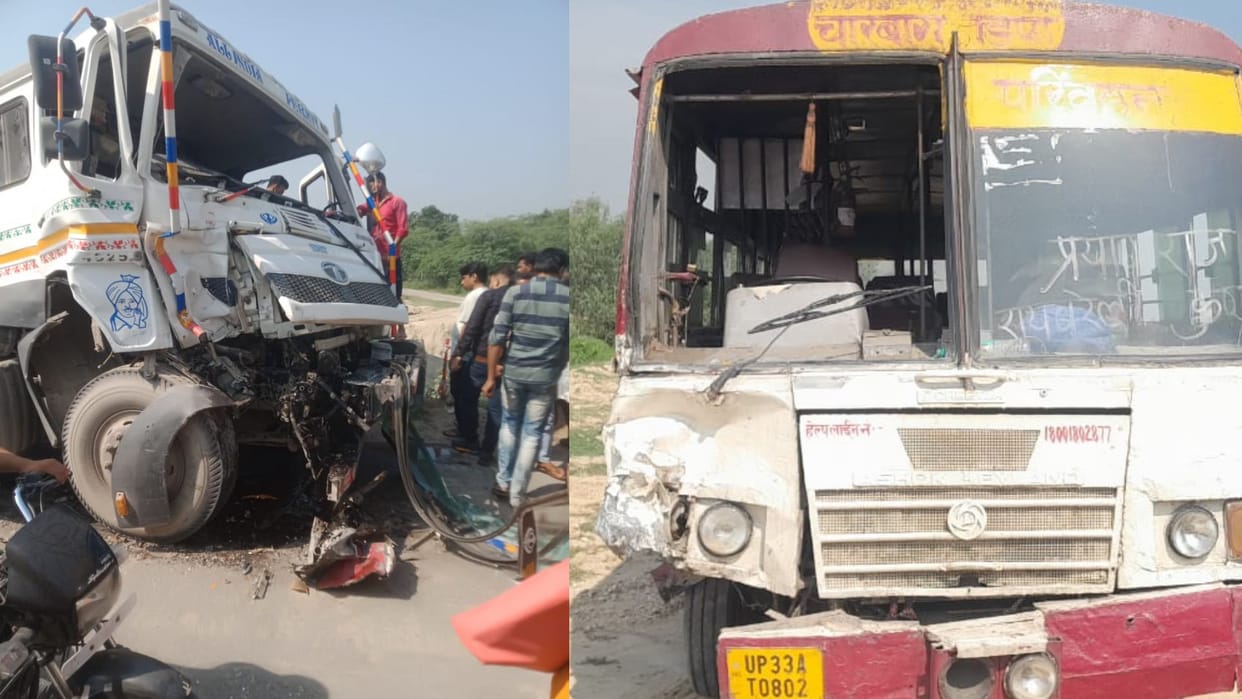 A bus and a truck colloid in jagatpur thana kshetra in Raebareli.