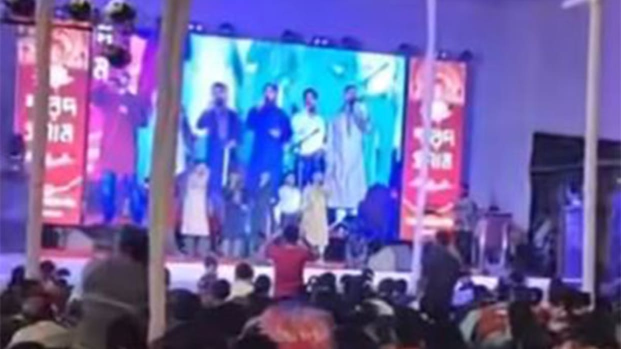 Bangladesh: Islamic songs at Durga Puja pandal, Hindu community objects