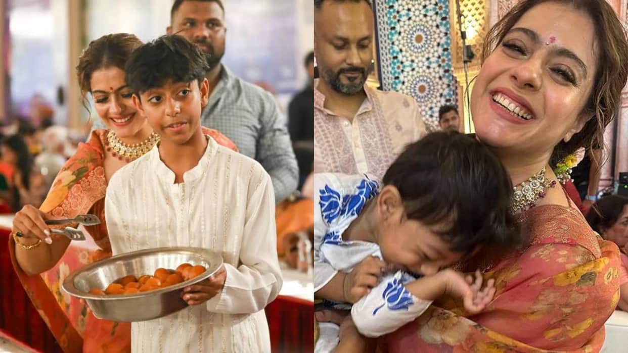 Navratri Special Kajol seen serving bhog to the devotees along with her son Yug like every year video viral